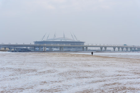 View of Stadium Zenith Arena. Park of the 300th anniversary of St. Petersburg in winter at Saint Petersburg, Russiaのeditorial素材