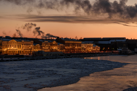 View of English Embankment at sunset in winter in Saint Petersburg, Russiaの写真素材