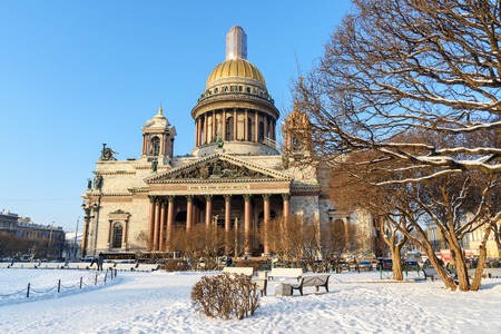 Saint Isaac's Cathedral in winter. Southern gables border with inscription Let My temple be named a temple of pray. Saint Petersburg. Russiaの写真素材