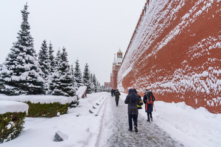 Moscow, Russia - January 31, 2018: People go to Lenin's Mausoleum near Kremlin wall in winterのeditorial素材