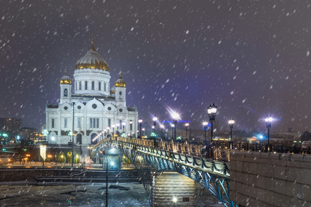 Christ the Saviour Cathedral and Patriarshy Bridge at night in winter in Moscow. Russiaの写真素材