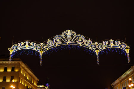 Saint Petersburg, Russia - January 1, 2018: Nevsky Prospect with Christmas illumination at nightのeditorial素材