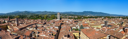 Panorama view on old city from Torre delle Ore clock tower in Lucca. Italyの写真素材