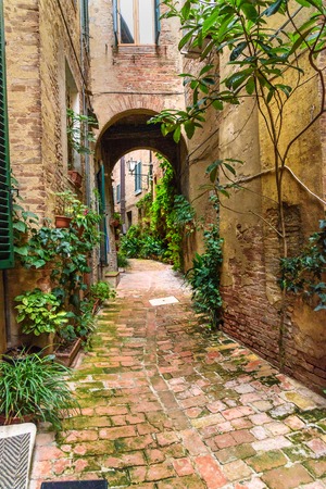 Medieval narrow street Vicolo degli Orefici in old city Siena, Tuscany, Italy.の写真素材