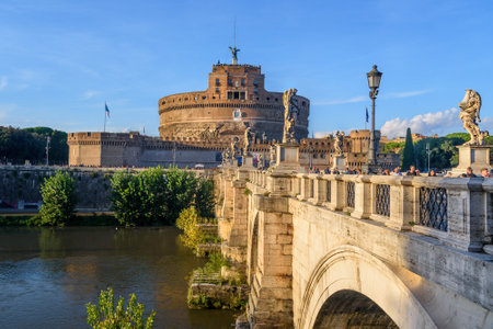 Rome, Italy - October 07, 2018: Castel Sant'Angelo or castle of Holy Angel and Ponte Sant'Angelo or Aelian Bridge over the Tiber riverのeditorial素材