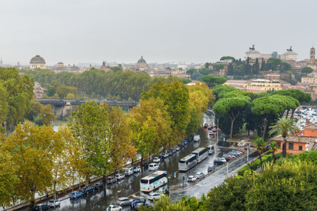 Rome, Italy - October 06, 2018: View on Rome from Orange Garden, Giardino degli Aranci on Aventine hill in the rainのeditorial素材