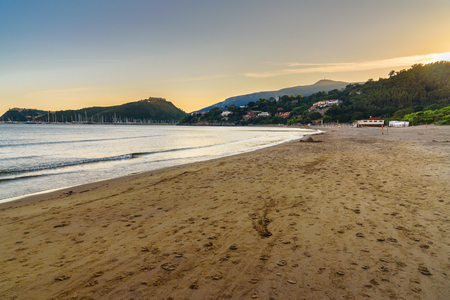 Beach on Tombolo della Feniglia in Orbetello on peninsula Argentario at sunset. Tuscany. Italyの写真素材