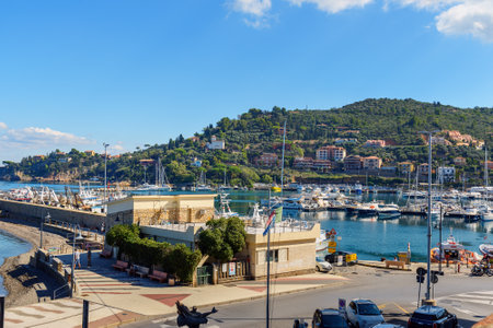 Porto Santo Stefano, Italy - October 09, 2018: View of harbor seafront in seaport town Porto Santo Stefano in Monte Argentario. Tuscanyのeditorial素材