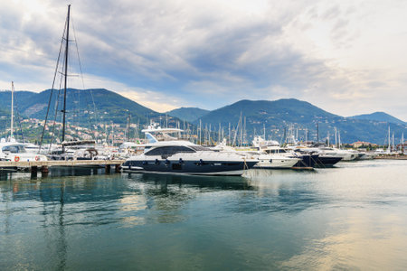 La Spezia, Italy - October 10, 2018: Yachts in Porto Mirabello harbor at La Spezia, Liguriaのeditorial素材