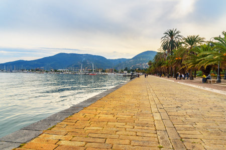 La Spezia, Italy - October 10, 2018: Promenade Costantino Morin, Coastline and harbor of La Spezia, Liguriaのeditorial素材