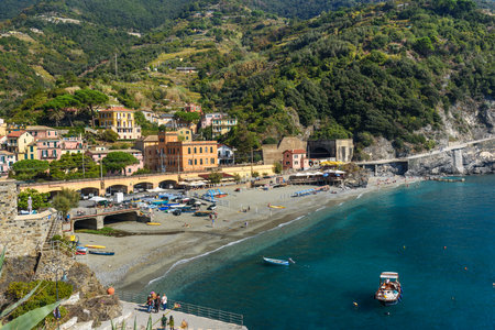 View of beach in Monterosso al mare in coastline of Liguria. Cinque Terre. Italyのeditorial素材