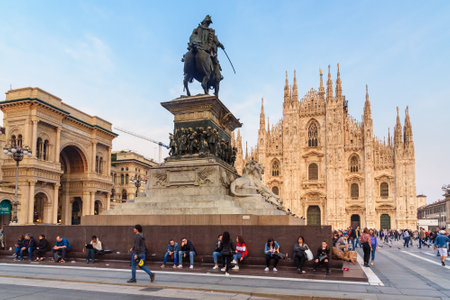 Milan, Italy - October 15, 2018: Statue of Victor Emmanuel II on horseback and Cathedral Or Duomo Di Milanoのeditorial素材