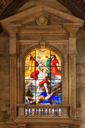 Milan, Italy - October 16, 2018: Stained-glass window. Interior of Cathedral Or Duomo Di Milanoのeditorial素材