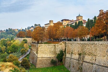 View of Bergamo city with Platform of Santa Grata of Venetian Walls at morning. Italyの写真素材