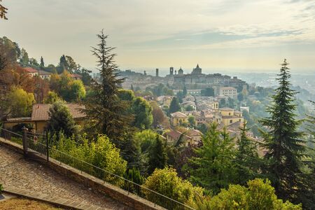 View of Upper Town Citta Alta from Saint Vigilio hill in Bergamo. Italyの写真素材