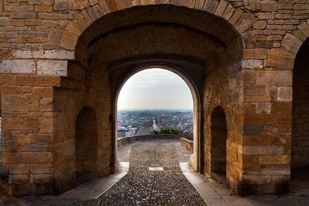 Porta San Giacomo gate to Upper Town Citta Alta in Bergamo. Italyの写真素材