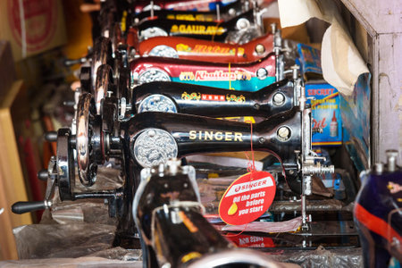 Jaipur, India - February 01, 2019: Sewing machines for sale in local market in Jaipur. Rajasthan....