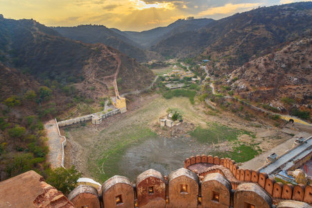View of dried lake Hanuman Sagar Lake in Amber. Rajasthan. Indiaのeditorial素材