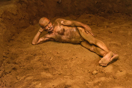 Kolkata, India - March 14, 2019: Kushti wrestler on daily trainining in akhara. Kushti or Pehlwani is traditional form of wrestling in India.のeditorial素材