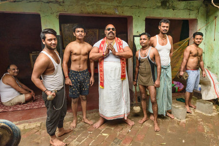 Kolkata, India - March 14, 2019: Kushti wrestlers after daily trainining in akhara. Kushti or Pehlwani is traditional form of wrestling in India.のeditorial素材