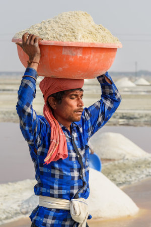 Sambhar, India - February 04, 2019: Portrait of Indian man carrying basin with salt on her head on Sambhar Salt Lake. Rajasthanのeditorial素材