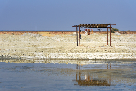 Canopy for workers on Sambhar Salt Lake. Rajasthan. Indiaの写真素材