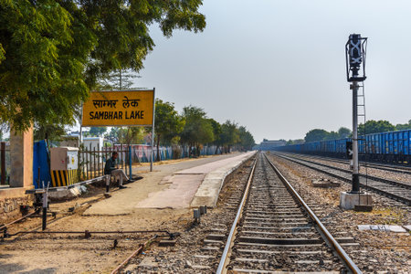 Sambhar, India - February 04, 2019: Train platform at the station in Sambhar Lake Villageのeditorial素材