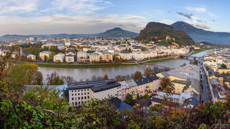 View of Salzburg city and Salzach river from Monchsberg mountain. Austriaの写真素材