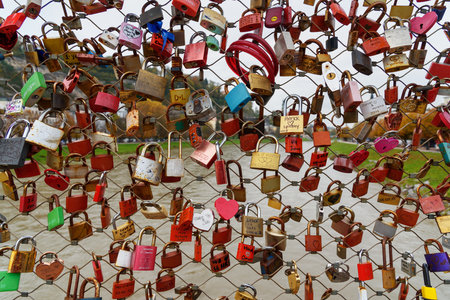 Salzburg, Austria - October 29, 2018: Colorful love locks on Makartsteg bridge over Salzach River in...