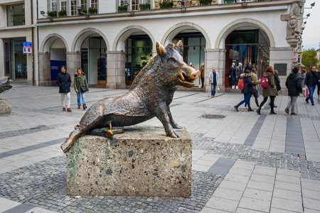 Munich, Germany - October 31, 2018: Bronze statue of wild boar outside Hunting and Fishing Museumのeditorial素材