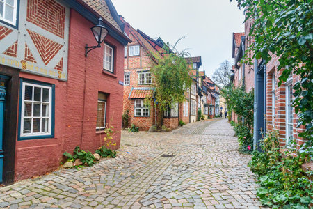 Luneburg, Germany - November 04, 2018: Street with Medieval old brick buildings in Luneburg
