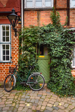 Old wooden front door decorated by plant in house in Luneburg. Germanyの写真素材