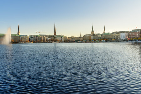 Hamburg, Germany - November 07, 2018: View of Binnenalster or Inner Alster Lake with Alster...