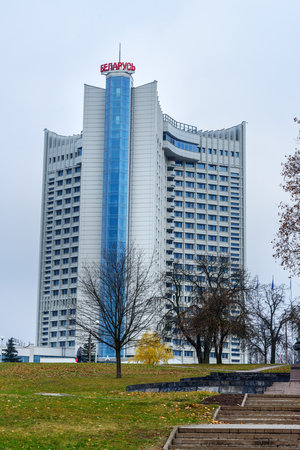 Minsk, Belarus - November 16, 2018: View of Hotel Belarus in center of Minskのeditorial素材