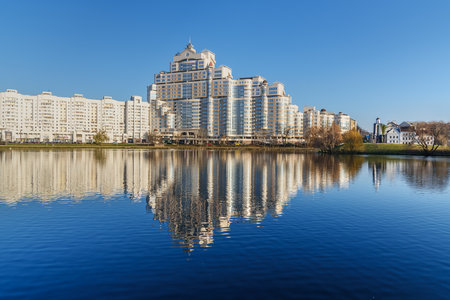 Minsk, Belarus - November 16, 2018: Embankment of Svisloch river with Island of Courage and Sorrow or Ostrov Slyoz. Historical center of Minsk. Belarusのeditorial素材