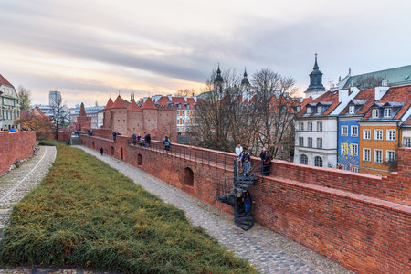 Warsaw, Poland - November 12, 2018: Warsaw Barbican fortress and city wall in old townのeditorial素材
