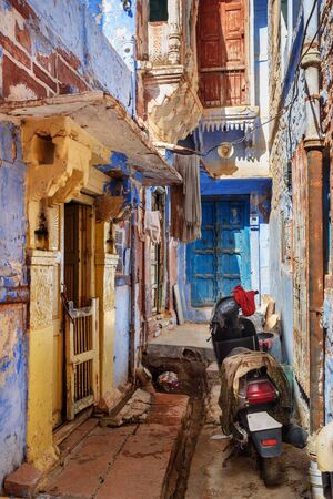 On narrow blue streets of the Blue City of Jodhpur. Rajasthan. Indiaの写真素材