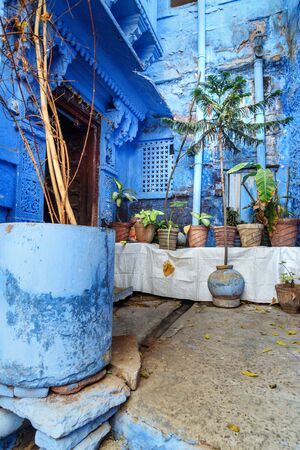 On narrow blue streets of the Blue City of Jodhpur. Rajasthan. Indiaの写真素材