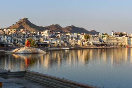 Ghats and temple at Pushkar holy lake in Rajasthan. Indiaのeditorial素材