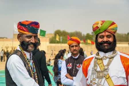Jaisalmer, India - February 17, 2019: Indian men with beard and mustache wearing traditional clothes in Desert Festival in Jaisalmer. Rajasthanのeditorial素材