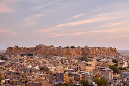 View of Jaisalmer city and Fort in sunset light. Rajasthan. Indiaの写真素材