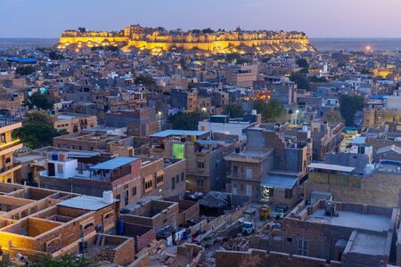 View of Jaisalmer city and Fort at night. Rajasthan. Indiaの写真素材