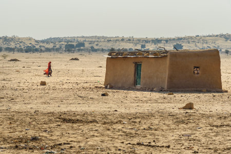 Jaisalmer, India - February 14, 2019: Indian woman in red sari grazing cows near traditional village at Thar desertのeditorial素材