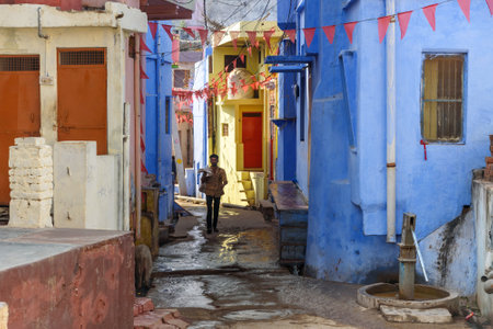 Bundi, India - February 19, 2019: On the street in old town of Bundi. Rajasthan. Indiaのeditorial素材