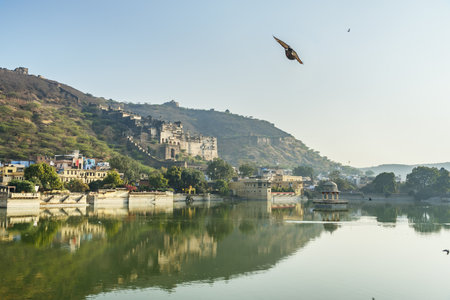Taragarh Fort and Nawal Sagar Lake in Bundi. Rajasthan. Indiaのeditorial素材