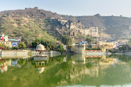 Taragarh Fort and Nawal Sagar Lake in Bundi. Rajasthan. Indiaのeditorial素材