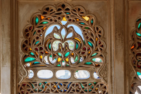 Decorative carving window of City palace in Udaipur. Rajasthan. Indiaのeditorial素材