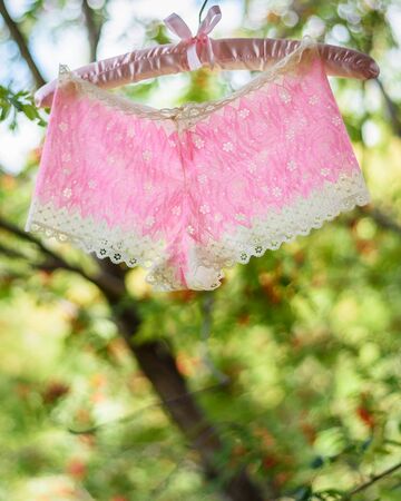 Pink lingerie hanging on hanger on nature backgroundの写真素材