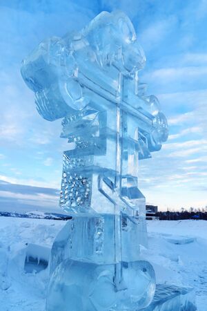 Ice cross in winter. Epiphany Orthodox holiday on a place of ice-hole swimming. Russiaの写真素材