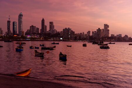 View of Haji Ali bay and coast with skyline at night in Mumbai. Indiaの写真素材